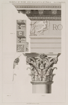 Fig1- The capital and entablature of the columns Fig 2- Section of the capital Fig 3- Soffit of the corona - Stuart James & Revett Nicholas - 1816, 1794