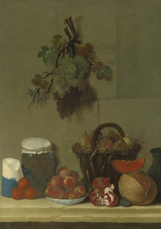 A Still Life with a wheat-lined basket of pears, a jug, a melon, a bowl of peaches, oranges, cheese and a jar of cherries on a ledge, buncghes of grapes hanging above, 1767