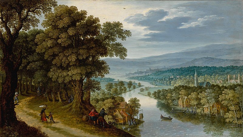 Panoramic mountainous river landscape with figures on a path, a village and fishermen beyond, Marten Ryckaert, between 1610 and 1633