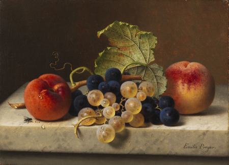 Fruit still life with two peaches and blue and green grapes on the branch and a vine leaf on a marble table top, Emilie Preyer, circa 1870-1880