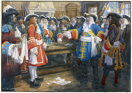 Frontenac receiving the envoy of Sir William Phipps demanding the surrender of Quebec, 1690., Charles William Jefferys