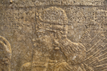 Winged genie, view 2, Ashurnasirpal II's Northwest Palace at Nimrud, gypsum - Oriental Institute Museum, University of Chicago - DSC07040