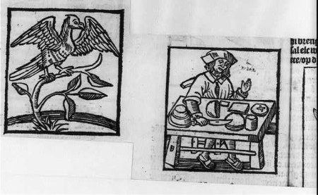 Illus. of man slicing bread (making communion wafers?) and of a hawk, in Hortus sanitatis (minor), Dè grotè herbari (The great Herbarium), Antwerpen, Gheprint bi C. de Graue, 1514 LCCN2005692099