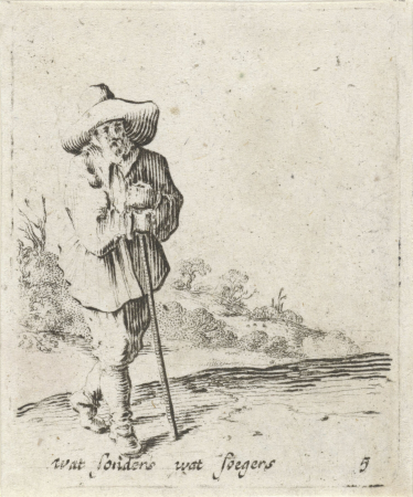 Man leunend op een stok wat sonders wat soegers (titel op object) Genretaferelen (serietitel), RP-P-OB-15.135, Gillis van Scheyndel, between 1630 and 1706