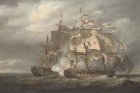 The capture of the French Frigate Tamise (formerly H.M.S. Thames) by H.M.S. Santa Margarita, under the command of Captain T. Byam Martin, off the Scilly Isles, 8th June 1796, Nicholas Pocock