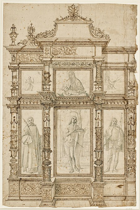 Draft for an altarpiece with six image fields in an ornamented frame structure. Top: St. Francis of Assisi, Mary with Child, St. Jerome; bottom: St. Lawrence, St. Sebastian and St. Rochus, Vittore Carpaccio