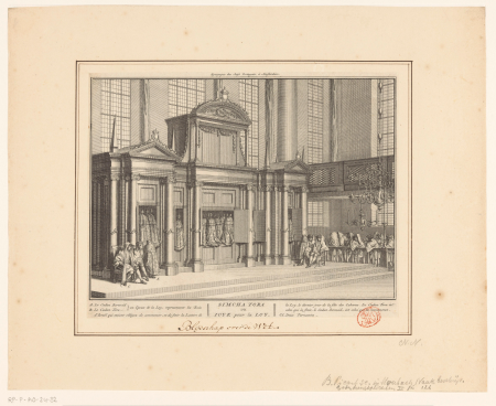 Viering van Simchat Thora in de Portugese Synagoge te Amsterdam Synagogue des Juifs Portugais, à Amsterdam Simcha Tora ou Ioye pour la Loy (titel op object), RP-P-AO-24-32, Bernard Picart, between 1725 and 1728