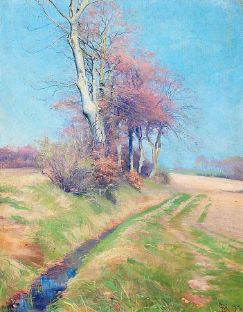 A spring day with a brooklet and trees., Sigvard Hansen, 1893