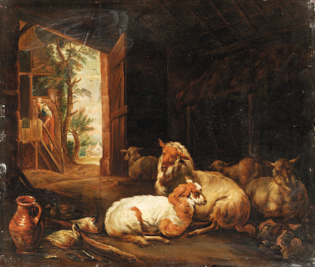 The interior of a barn with sheep and ducks resting, a maid entering a house beyond, Jan van Gool