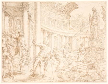 Josiah orders the stone pillars of Astarte, Chemosh, and Milcom to be broken down and cut down, Maarten van Heemskerck, 1569