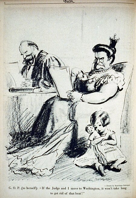 G.O.P. (to herself)- "If the Judge and I move to Washington, it won't take long to get rid of that brat!" LCCN2002720416, Boardman Robinson, 1916