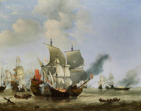 The Burning of the Andrew by the Dutch frigate 'Fortuin' at the Battle of Scheveningen, also know as the battle of Texel or the Battle of Ter Heijde, August 1653, Willem van de Velde the Younger