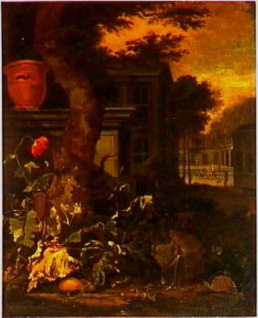 Plant still life in a garden with a view of a summer house, Abraham Begeyn, between 1660 and 1680