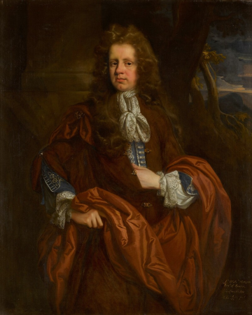 Portrait of Sir William Monson, 4th Bt. (c. 1653-1727), three-quarter-length, before a column, a landscape beyond, John Riley