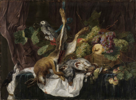 Fruit still life with hare, partridge and songbirds; top center a parrot and to the left a dog, Jan Fyt