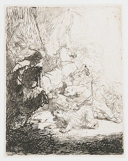 De kleine leeuwenjacht met twee leeuwen, RP-P-OB-201, Rembrandt, between 1630 and 1634