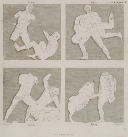 Four of the metopes on the Nortth side; Fig 11 being that in the Eastern angle, the rest follow according to their numbe - Stuart James & Revett Nicholas - 1794