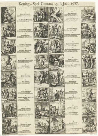 Spotprent op de gebeurtenissen in het jaar 1687 Koning-Spel Courant op 't Jaer 1687 (titel op object), RP-P-OB-76.963, Romeyn de Hooghe, between 1687 and 1688