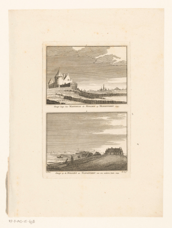 Twee gezichten op het wachthuis De Nolle en op Vlissingen, 1743 Gezigt langs het wagthuis de Nollen op Vlissingen. 1743 Gezigt op de Nollen en Vlissingen van een andere kant. 1743 (titel op object), RP-P-AO-15-69B, Cornelis Pronk, between 1754 and 1792