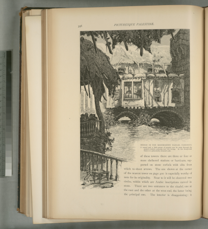 Bridge in the Shoemakers' Bazaar, Damascus. A camel and a little group of people can be seen through the grated window, passing over the bridge. In the foreground there is a pleasantly situated café., 1881