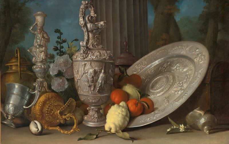 Still Life with Hercules Candlestick, Silver Gilt Ewer, Lemons and Oranges on a Sideboard Dish, Nautilus Shell, and Other Objects Arranged an a Ledge With a Column Beyond, Meiffren Conte