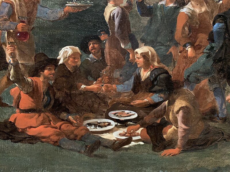 Market scene in Prati outside Rome with the dome of Saint Peter's in the background, on the left side of the foreground carnival-goers, Jan Miel, circa 1650