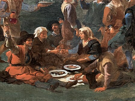 Market scene in Prati outside Rome with the dome of Saint Peter's in the background, on the left side of the foreground carnival-goers, Jan Miel, circa 1650