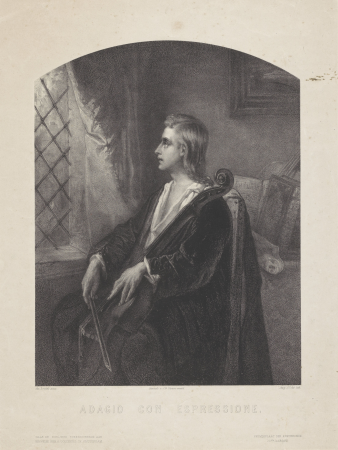 Cellist bij een raam Adagio con espressione (titel op object), RP-P-1943-562, Jan Dam Steuerwald, between 1851 and 1859