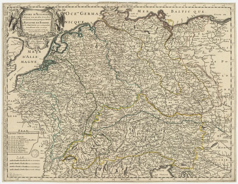The German Empire divided into its ten circles in their principal Estates. The Kingdom of Bohemia and the provinces which depend on it / newly revised and corrected by Mr. Sanson,...; Lud. Cordier, sculptor, 1704