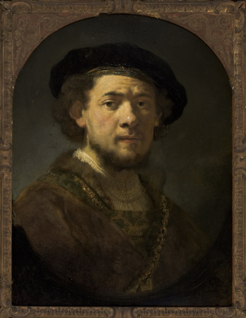 Bust of a man wearing a cap and a gold chain. Alternative title: Portrait of a Young Man with a Gold Chain (Self-Portrait with a Gold Chain)., Govert Flinck, circa 1635