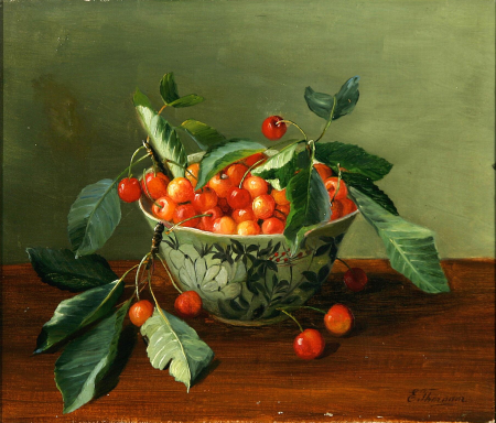 A still life with cherries in a bowl on a table., Emmy Thornam, between 1870 and 1935