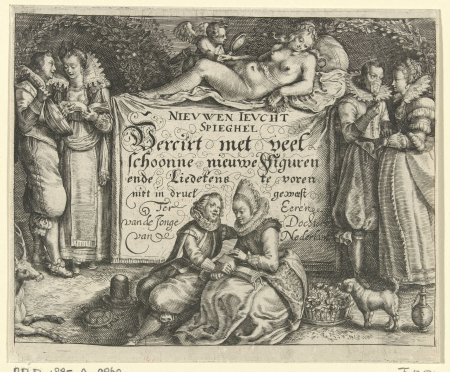 De vijf zintuigen Titelpagina voor Nieuwen Jeucht Spieghel, 1620, RP-P-1885-A-9860