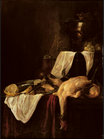 Pewter plate with a peeled lemon, a stoneware vessel, poultry, a 'roemer' of white wine with white grapes, all on a partially draped table, Jan Dirven, between 1650 and 1675