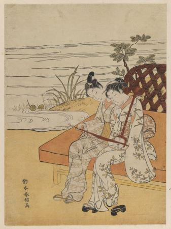 Woman Stolling Player of Kokyu (Three Stringed Fiddle), Suzuki Harunobu, between 1763 and 1767