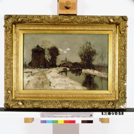 Winter landscape with a haystack near a canal, Jacob Ritsema, between 1890 and 1920