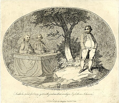 "Aside he turn'd for envy, yet with jealous leer mailign, eyd them askance"., James Gillray, 1782