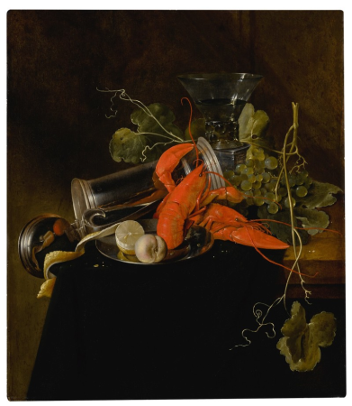 Still life with two lobsters, an overturned tankard, a berkemeier glass, grapes, and a lemon, Jan Davidsz. de Heem