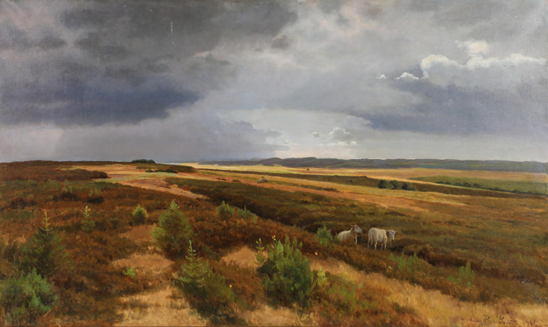 View from Jutland with dark clouds above an open heathland with grazing sheep, Hans Smidth, 1915