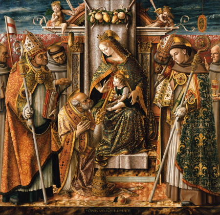 Enthroned Madonna with the child, the handing over of the keys to the Apostle Peter and saints, Carlo Crivelli, 1484