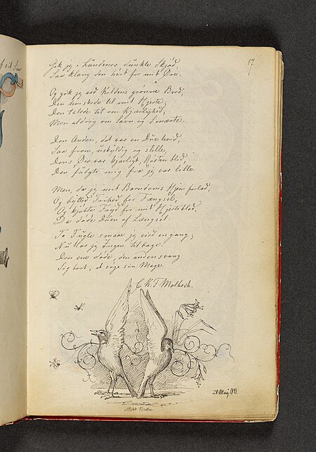 Two pigeons with their wings raised, standing symmetrically with their tails towards each other. There is an ornamental vine in the background. To this verse. Page 17, Johan Lundbye, 1841