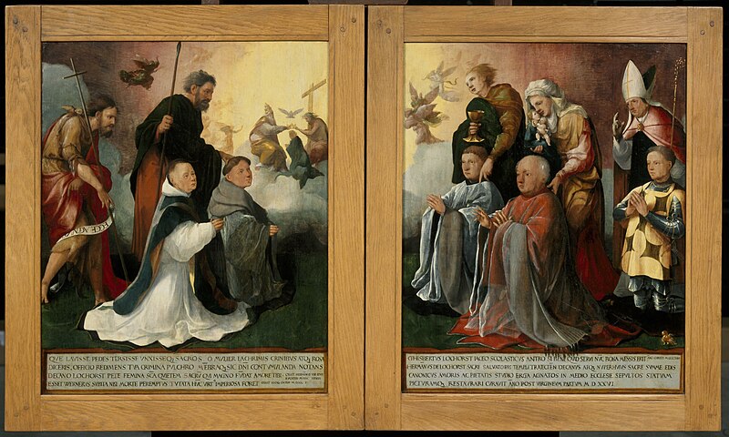 Triptych with the entry of Christ into Jerusalem, saints and on the outside of the shutters founders from the Van Lokhorst family, Jan van Scorel, 1526