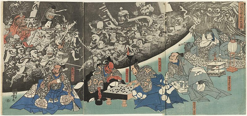 Minamoto no Yorimitsu-ko no yakata ni tsuchigumo yokai o nasu zu 源頼光公館土蜘作妖怪圖 (The Earth Spider Conjures up Demons at the Mansion of Minamoto no Raiko), Utagawa Kuniyoshi, circa 1843
