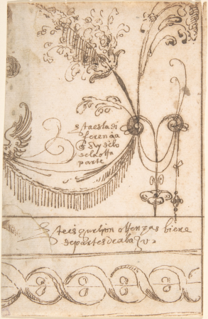 Design for Grotesque Ornament, with Fragment of Border Decoration Below, Andrés de Melgar, circa 1545–60