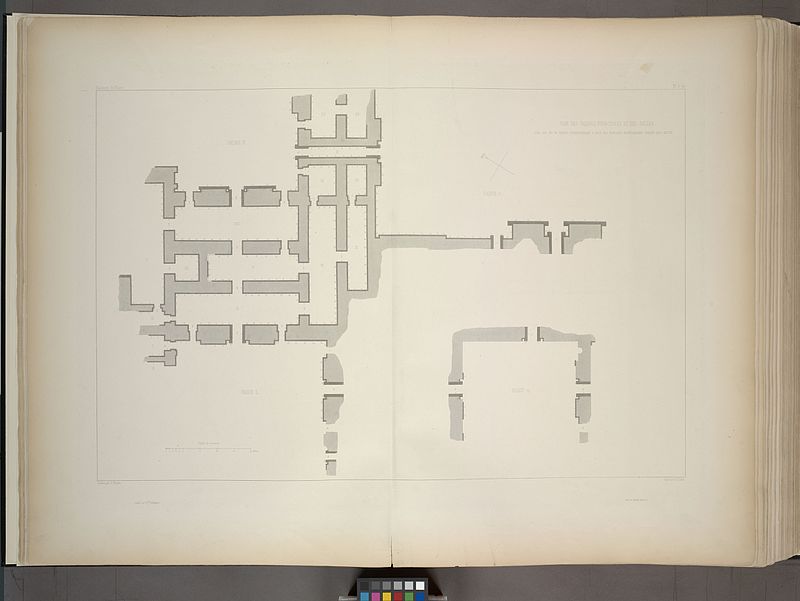 Plan, [on a large scale,] of the main facades and rooms, with reference numbers corresponding to those of the plates representing each bas-relief., 1849