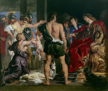The judgement of Solomon: Solomon gives verdict; he commands a soldier to divide the living child in two; the true mother objects to Solomon's verdict (1 Kings 3:25-27), Peter Paul Rubens, between 1611 and 1614