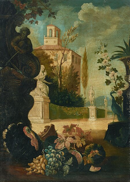 A garden view with a peacock, turkey and an array of fruit in the foreground, Christian Berentz