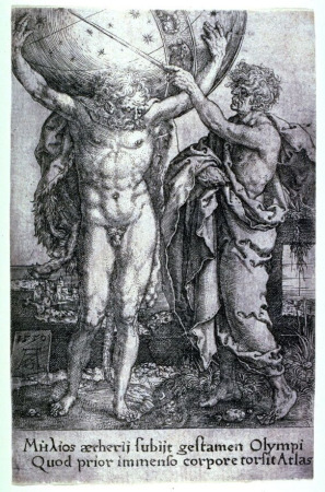 Hercules holding up the heavens, in place of Atlas, Heinrich Aldegrever, 1550