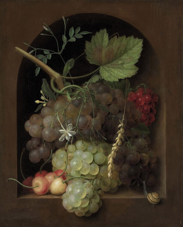 Grapes, cherries and wheat with a snail in a stone niche, Georges Frédéric Ziesel