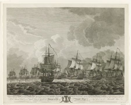 Zeeslag bij Doggersbank, 1781 The Representation of the Action between the British Fleet under the Command of Vice Admiral Parker and the Dutch Fleet (titel op object), RP-P-OB-85.172, Robert Pollard, 1782