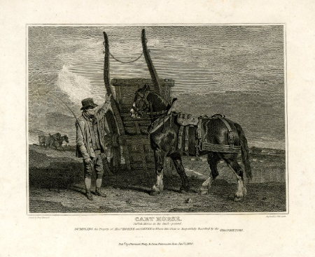 Print made by John Scott - A horse in reins standing to left before a cart, held up by a man with whip at left, Suffolk horse in the background at left; illustration to an unidentified publication. 1820, 1881,1210.219, Théodore Géricault